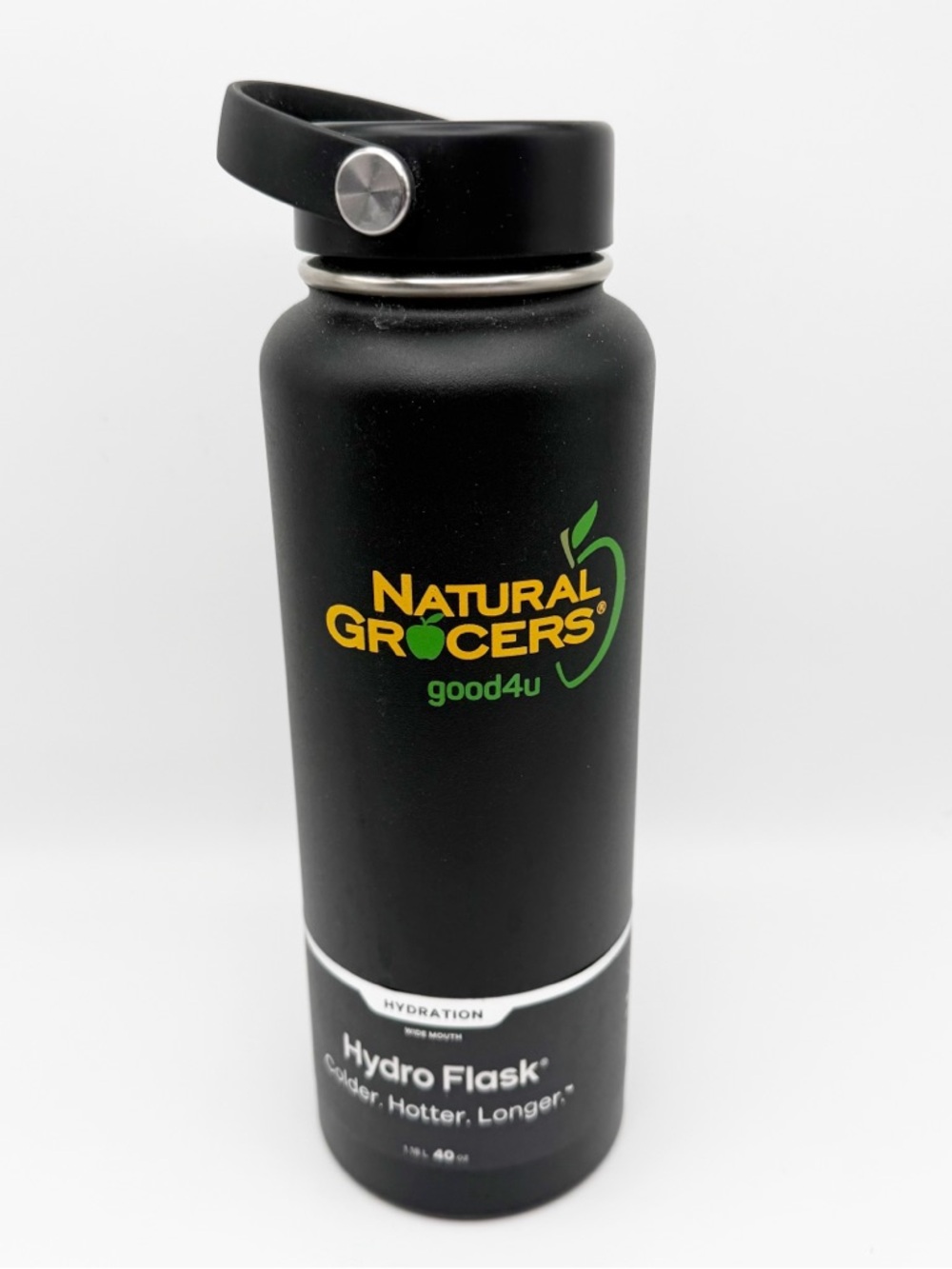 NWT BLACK HYDROFLASK, Natural grocers edition 40 oz wide mouth flex cap